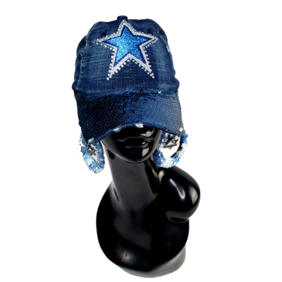 Dallas Star Denim Distressed Adj. Football Cap with Crystals & Studs. - Picture 1 of 3